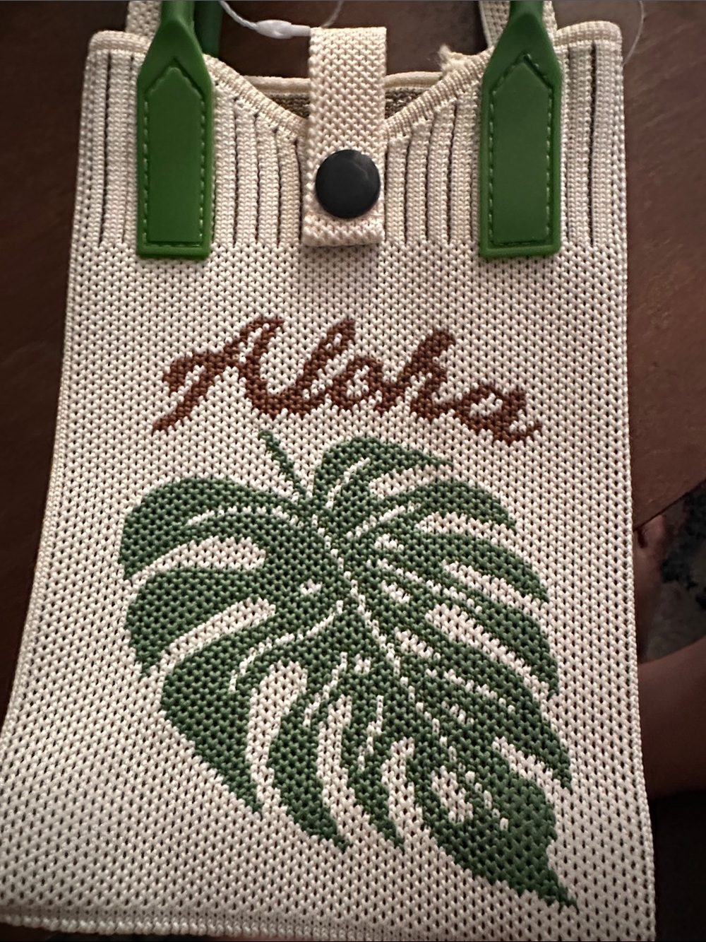 Cream Knit Mini Tote Bag with Green Leaf and Green Rubber Handles - Picture 5 of 7